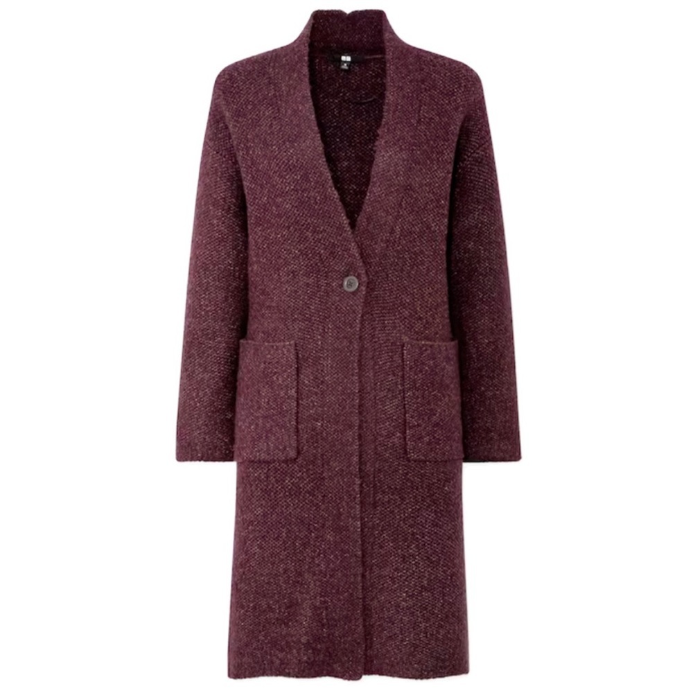 UNIQLO Woven Tweed Knitted Coat in Wine
